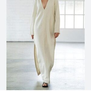 MATTEAU Minimal DEEP V-Neck Frayed Long Sleeve Maxi Dress
